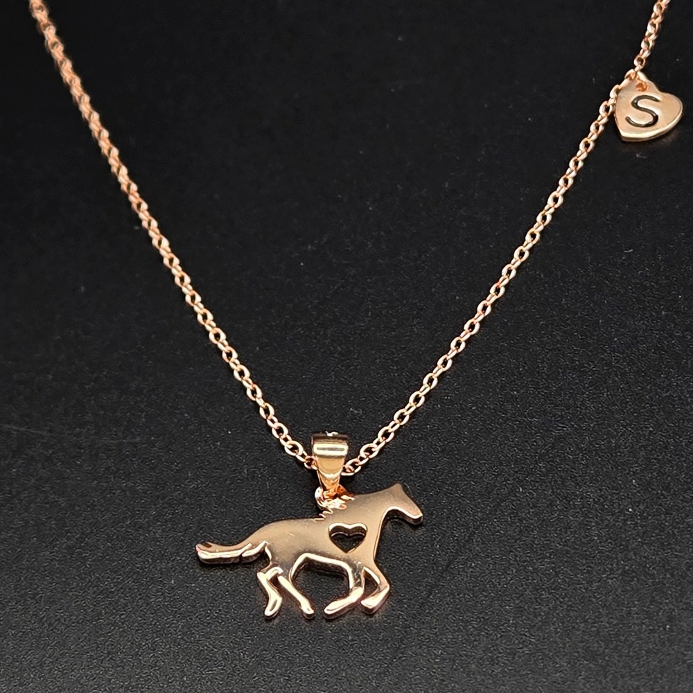 Rose Gold Sterling Silver Horse Heart Pendant Necklace Initial S Charm S925